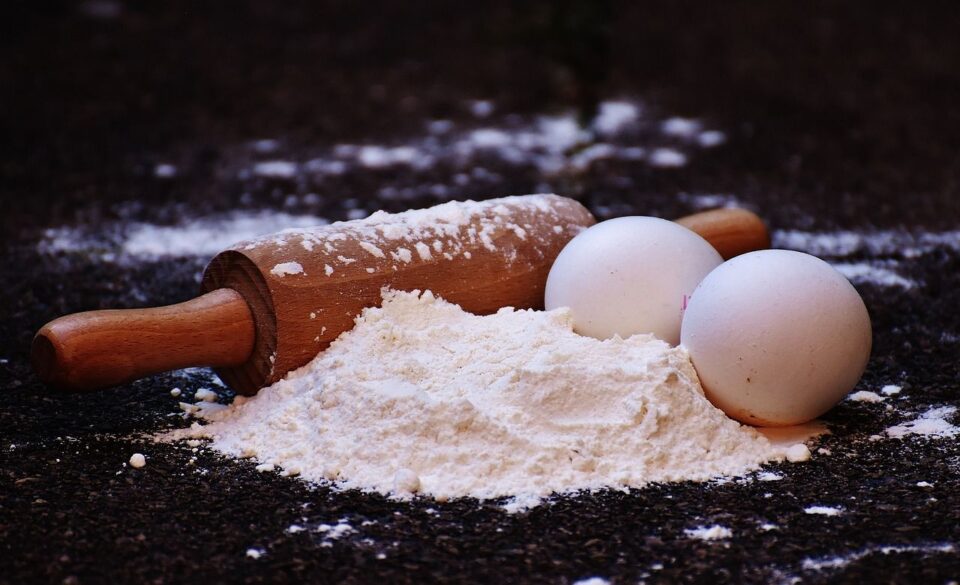 flour with rolling pins and eggs