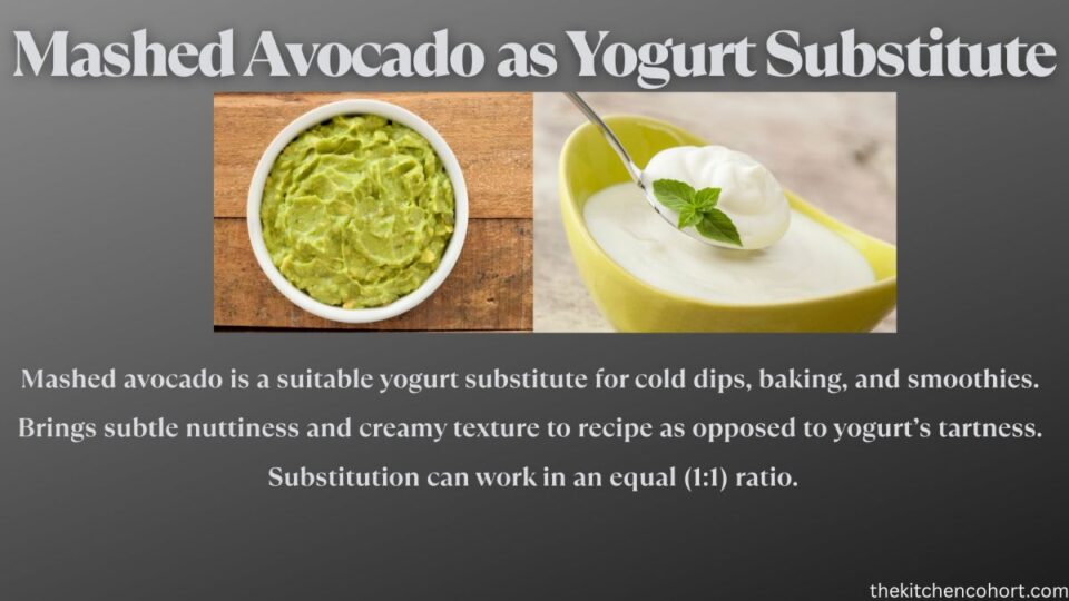 mashed avocado can substitute for yogurt in dips, baking, and smoothies